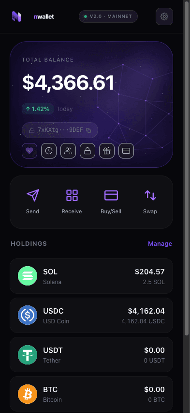 The Nwallet dashboard
